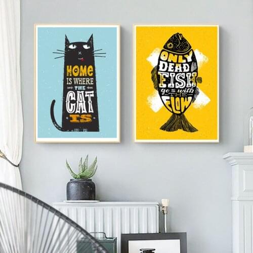 Nordic Poster Prints Black Cat Fish Qotes Wall Decor Cuadros Decoracion Yellow Wall Art Picture Kitchen Living Room Decoration