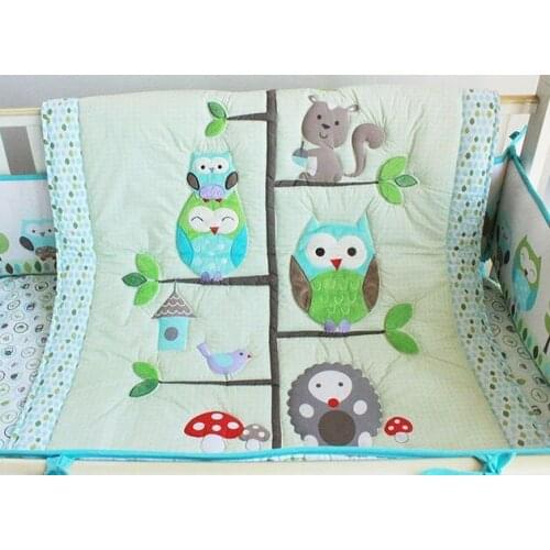 New 7pcs Birdie Owlet Three Animals Embroidered Baby Cot Crib Bedding Set 4 items Quilt Bumper Sheet Skirt cyan color