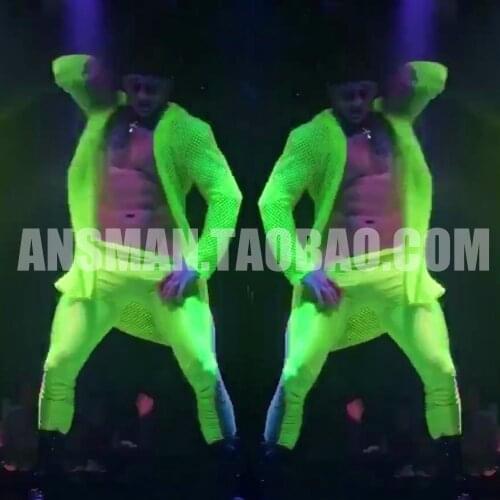 Novelty Fluorescent Green Muscle Men Leggings Costumes Suit Jacket stage show performs clothing set