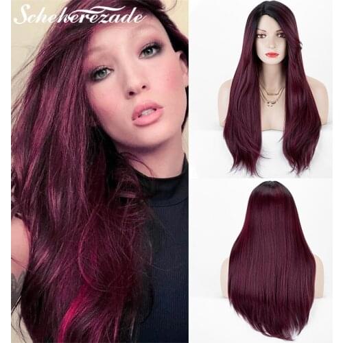 Lace Front Wig Synthetic Long Burgundy Natural Straight Wig For Women Ombre Lace Front Wig Heat Resistant Fiber Scheherezade