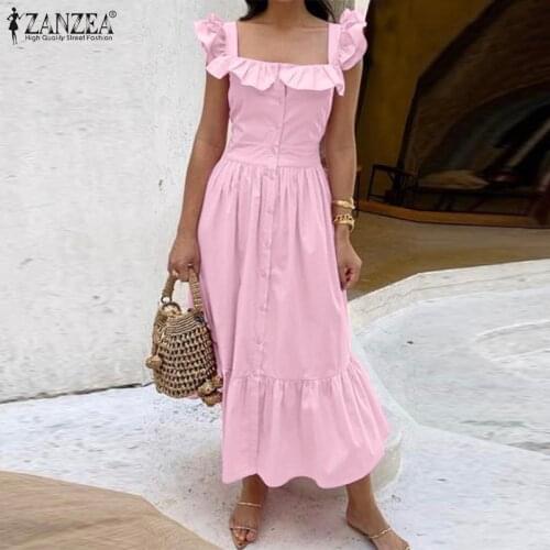 2021 ZANZEA Summer Ruffles Dress Women Square Neck Sleeveless Holiday Sundress Bohemian Solid Beach Midi Vestidos