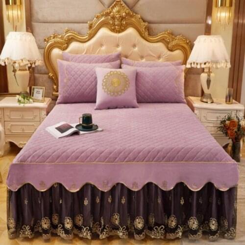 New solid color 3pcs luxury velvet skirted bed cover crystal velvet thickened bedskirt plush bedspreads lace edging bed sheet