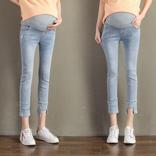 Pregnant womens ripped jeans women were thin and contrasted stitching nine-point pants Korean version of the stomach lift pants