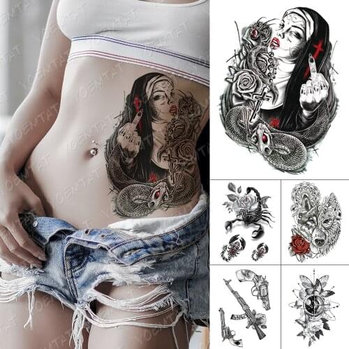 Waterproof Temporary Tattoo Sticker Cross Nun Snake Rose Flash Tattoos Scorpion Wolf Gun Body Art Arm Fake Tatoo Women Men
