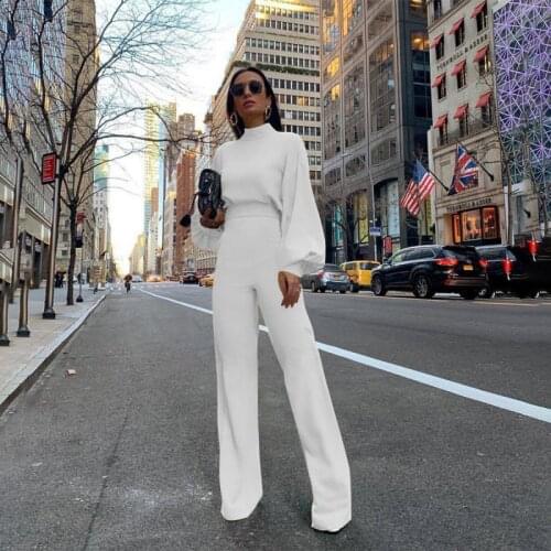 High Street Boot Cut Spring And Summer New Half-high Collar Lantern Sleeves Simple And Elegant OL Wind Jumpsuit Fashion Temperam