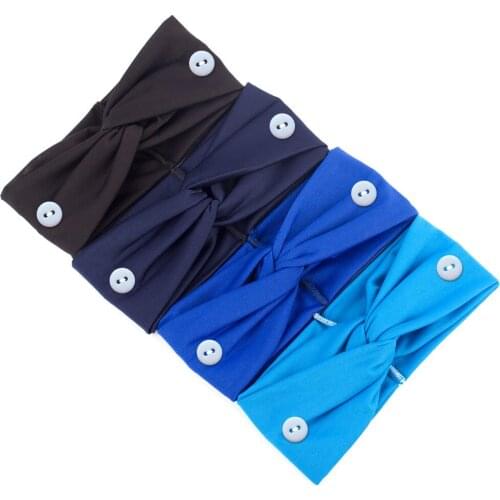 Women Headband With Button Cotton Hair Bandanna Summer Solid Color Head Wear With Buckle For Ear Protection Facemask Yoga