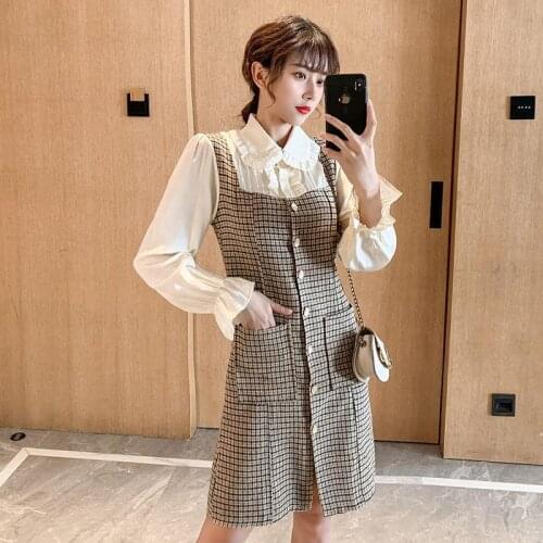 Ladies Retro Long-sleeved Fake Two-piece Shirt Stitching Plaid Mid-length Dress Female 2020 Autumn and Winter New Strap Skirt