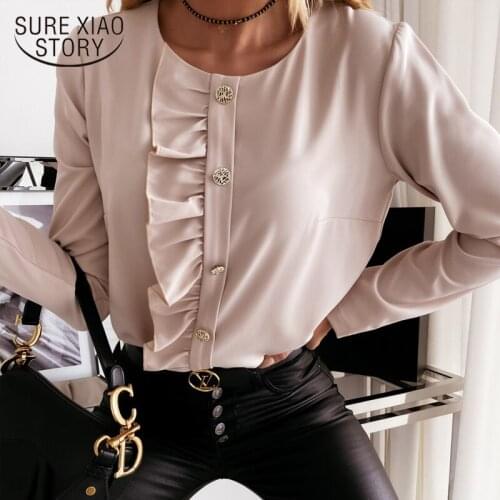 Office Lady White Solid Shirts 2021 Spring Long Sleeve Chiffon Womens Blouse and Tops Button O Neck Oversize Clothing 12687