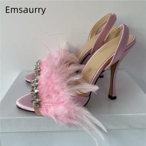 Sweet Jeweled Crystal Feather Sandals For Girls Women 10cm Thin High Heels Luxury Satin Peep Toe Rhinestone Summer Shoes Woman