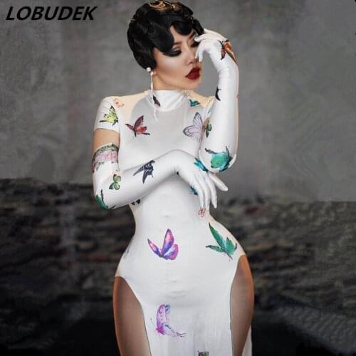 Singer Dancer Stage Vintage Costume White Cheongsam Butterfly Pattern Slit Long Dress Bar Club Sexy Party Show Dance Wear Women