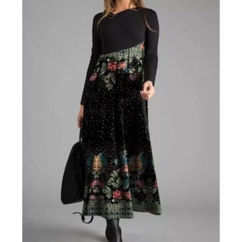 Autumn Women Maxi Dresses Casual O Neck Long Sleeve Floral Print Patchwork Party Boho Shirt Dress Female Robe Vestidos