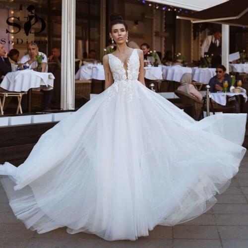 SoDigne Boho Wedding Dresses V-neck Backless Lace Appliques Princess Plus Size Wedding Bridal Gowns Vintage