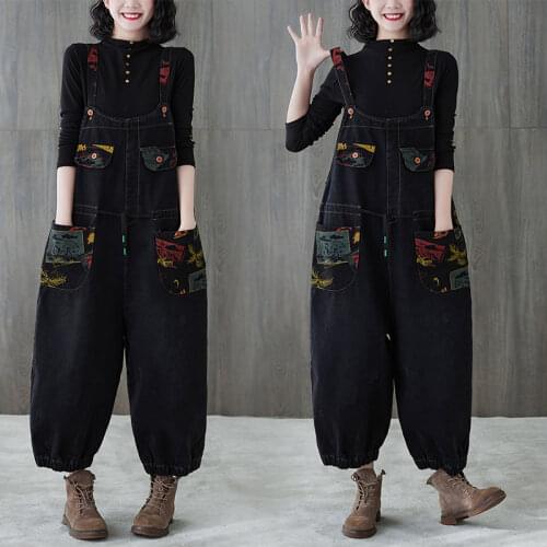 #2307 Black Jeans Jumpsuits Women Sleeveless Printed Denim Rompers Loose Wide Leg Jumpsuit Retro Front Pockets Spring Summer