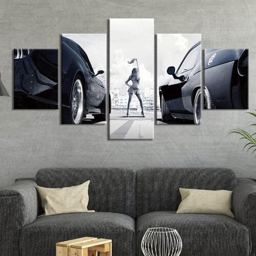5 Panel Fast And Furious Racing Cars Black And White Wall Art Posters Canvas Decoration Pictures HD Prints Paintings Home Decor