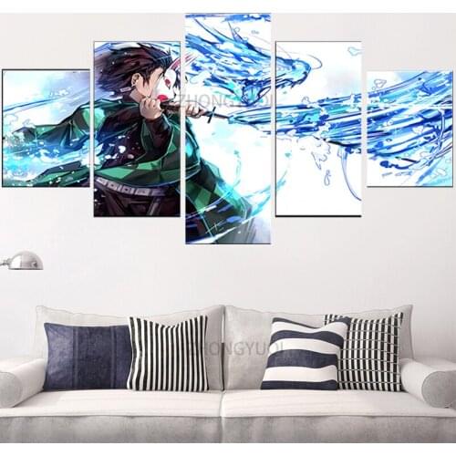 5 Panels HD Anime Boy Picture Kamado Tanjirou Demon Slayer Kimetsu No Yaiba Poster Animation Art Wall Decor Paintings