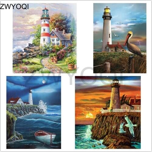 DIY Diamond painting seaside Full Round Diamond mosaic Boat anchor Full Square Diamond embroidery Cross stitch Lighthouse toucan