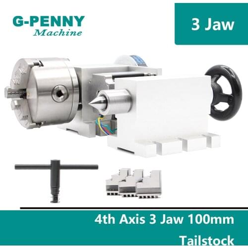 CNC 4th Axis A axis 3 Jaw 100mm chuck CNC dividing head Rotation Axis with Tailstock NEMA23 stepper motor for CNC router engraver woodworking engraving machine