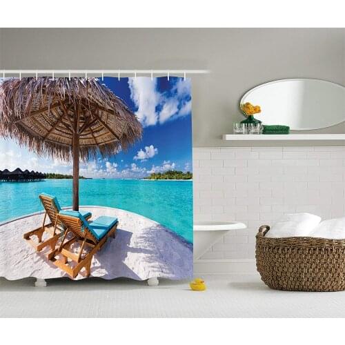 Couples Decor Shower Curtain Scenic Seaside Sunbeds Under Umbrella Picture Print Bathroom Accessories