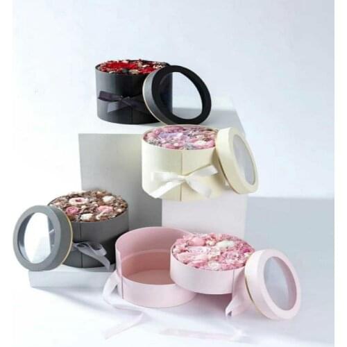 Double Layer Round Flower Paper Boxes with Ribbon Rose Bouquet Gift Packaging Cardboard Box Valentines Day Wedding Decoration