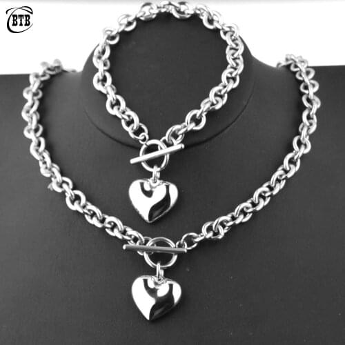 Fashion Lovers Pairs 316L Stainless Steel Heart Charm Necklace Bracelet Bangle For Women Men Jewelry Sets Lovers Gift