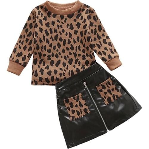2021 Fashion Kids Girls Clothes Sets Leopard Long Sleeve Pullover Sweater Tops+PU Leather A-Line Skirts 2PCS Outfits