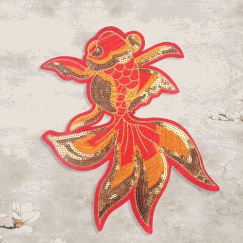 Large Red Goldfish Sequins Embroidery Patch Fish Stripes Applique Badges Carp Koi Cloth Stickers Iron Sew on Clothes Dress Decor