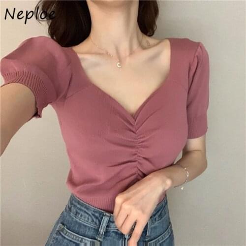 Neploe Summer 2021 New Korean V-neck Puff Sleeve Female Tops Fashion Solid Pleated Sexy Sweet Women Knitted T-shirt 1F225