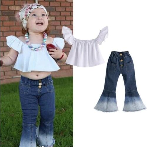2-7Y Girls Summer Clothes Sets White Off Shoulder Crop Tops+Denim Bell-Bottoms Jeans 2PCS Outfit Set