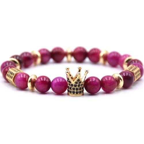 Couple CZ Imperial Crown Tiger Eye Bracelets Women Natural Stone 8mm Beads Elasticity Rope Jewelry Men Bracelet Pulseira