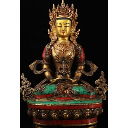 13"Tibet Buddhism Old Bronze Gem Painted outline in gold Longevity Buddha Immortal Life Wisdom Tathagata Sitting Buddha Enshrine