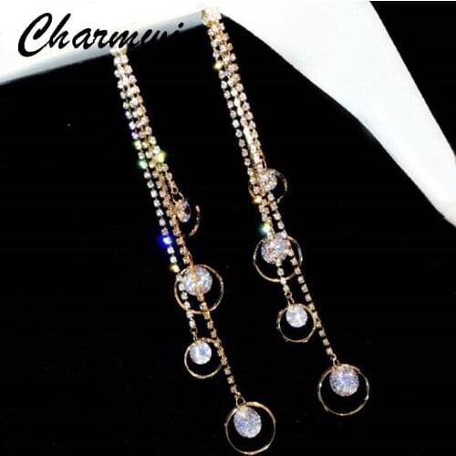 Charmwin Cubic Zirconia Long Earrings Jewelry Tassel Earrings Women Rhinestone Circle Dangle Earrings PE1542