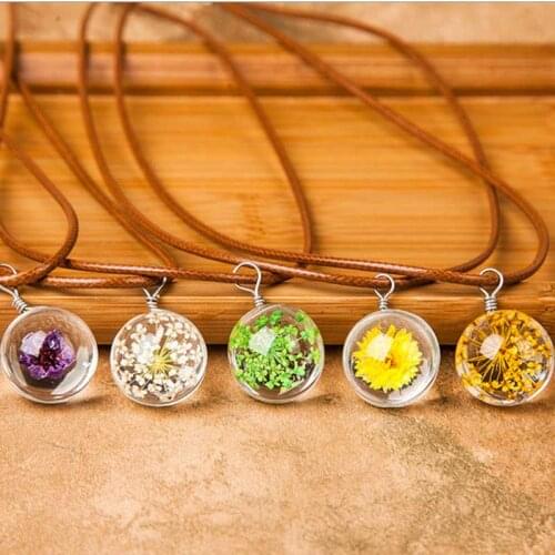 Vivid Real Plant Specimen Dandelion Clover Small Wildflowers Glass Ball Pendant Brown Leather Chain Necklace for Women