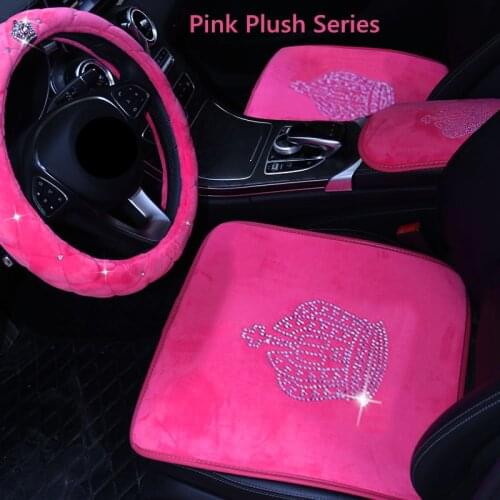 Pink Bling Car Accessories Interior Set for Women Girls Plush Warm Seat Cover Cushion Front Rear Crystal Crown Noble Winter