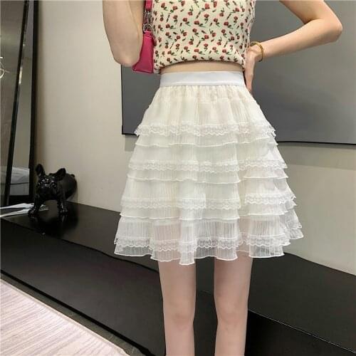 Korean Fashion Summer Skirts Chic Lace Stitching Solid High Waist Preppy Style Mini Women Elastic Waist Female Cupcake Skirt