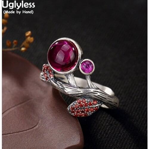 Uglyless Real 990 Silver Jewelry Handmade Engraved Ring Lifelike Branch Leaves Flowers Open Rings Women Natural Chalcedony Ring