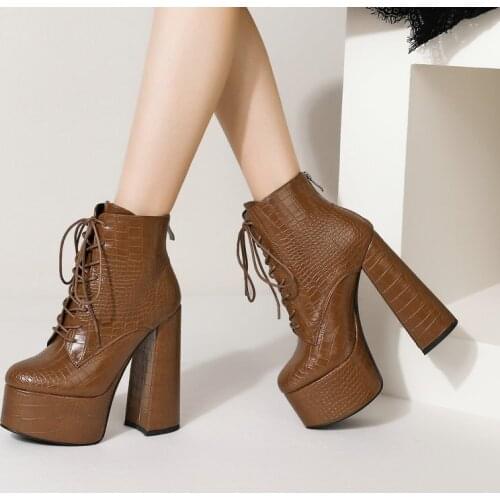 Lady Super High Heel Boots Fashion Stone Pattern Platform Spring Autumn Mid Calf Boots Female Lace-Up Zipper Winter Women Shoes