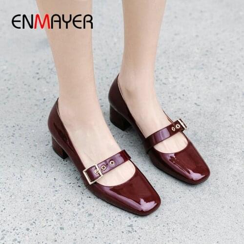 ENMAYER 2020 Luxury Shoes Women Round Toe Genuine Leather Slip-On Square Heel Wedding Shoes Retro Spring/Autumn Women Pumps