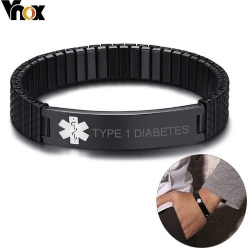 Vnox 12mm Stretch Band Bracelets for Women Black Stainless Steel Type 1/2 Diabetes Medical Alert Personalized ID Bangle