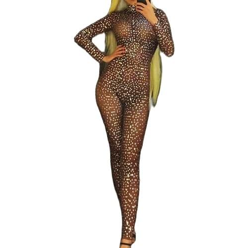Long Sleeve Full Diamonds Women Brown Jumpsuits Skinny Elastic Nightclub Pole Dancing Costumes Singer Show Performance Wear