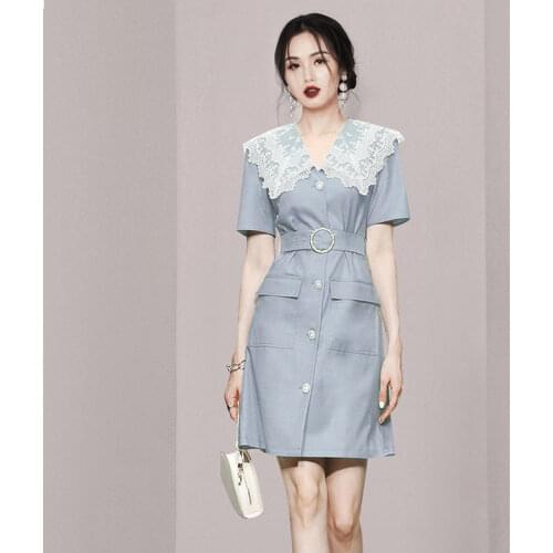 2021 Summer New Ladies Single-Breasted Lace Trim Patchwork Retro Short Sleeved Sashes Slim Mini A Line Casual Dress Female