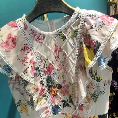 Luxury Elegant Ruffles Flower Printing A-Line Dress Women 2020 Design Hollow Out Ladies Celebrate Party Dresses O-Neck Female