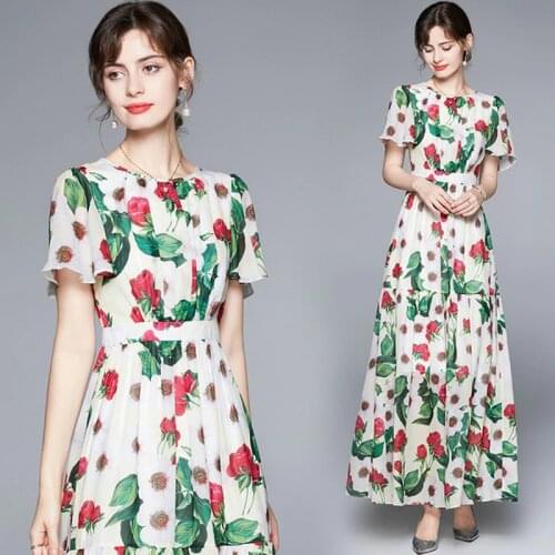 2021 Summer Fashion Runway Dress Women Chiffon Floral Print Elegant Boho Holiday Party Maxi Long Dress