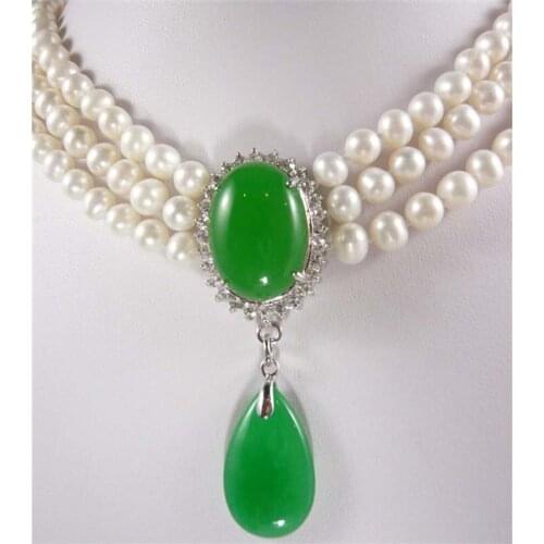 3 Rows White Black Freshwater Pearl 7-8Mm Green Stone Pendant Necklace Layered Beads Choker Collar Bib for Women Jewelry Gifts