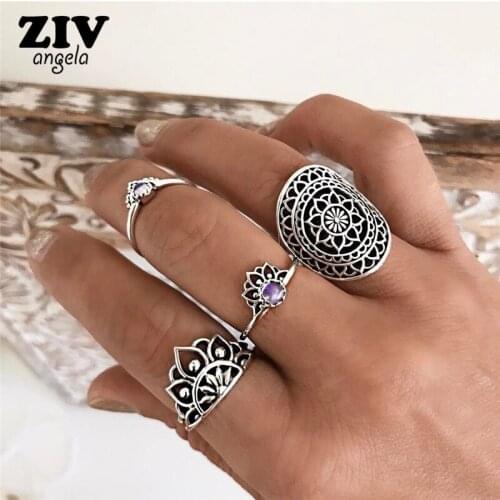 4pcs/Set Inlaid Crystal Ring Sets for Women Boho Beach Vintage Turkish Punk Hollow carved flowers Knuckle Ring