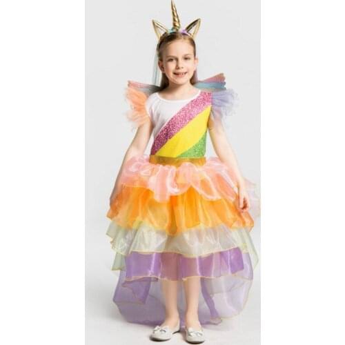 2020 Halloween Girls Unicorn Costume Rainbow Child Birthday Party Tutu Outfits Kids Christmas Carnival Dress With Headband Wings