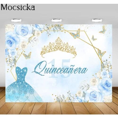 Mocsicka Quinceañera Girls 15th Birthday Party Backdrop Blue Flowers Butterfly Dress Gold Crown Photography Background Photocall