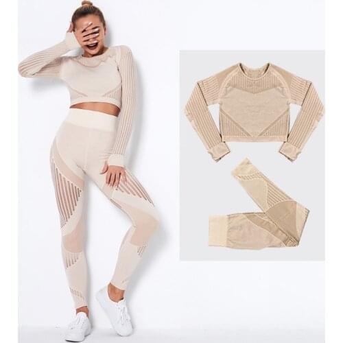 Seamless Yoga Set Women Fitness Clothing Hollow Out Long Sleeve Crop Top Running Leggings 2Pcs Sport Outfits Workout Gym Suit