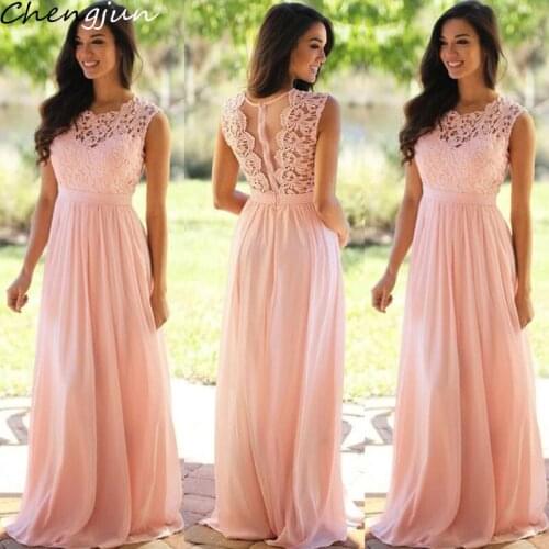 Chengjun Peach Classic Sleeveless Illusion Lace Bodice Sweep Train Chiffon Bridesmaid Dress