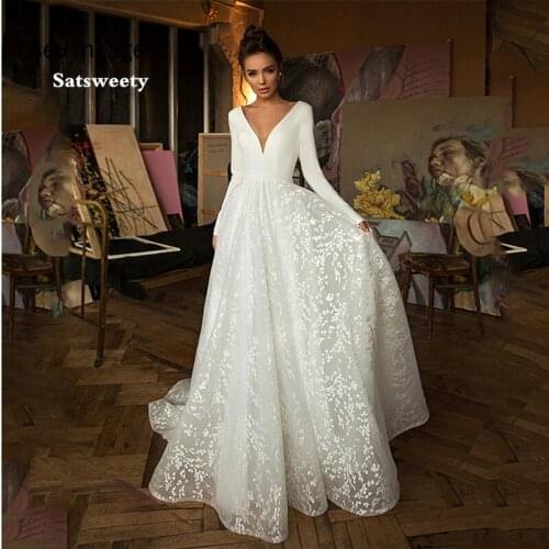 Deep V Neck Bride Gowns Long Sleeves White Stain Lace Tulle Wedding Dresses Backless Buttons Bridal Dress vestido de novia