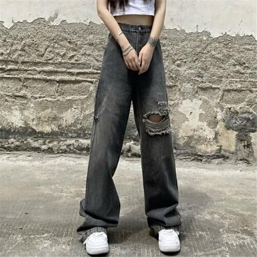 Cool Straight Jeans Girls Pants Fashion Trousers Harajuku High Street Autumn Korean Gothic Boyfriend Funny Ripped Jeans Femme